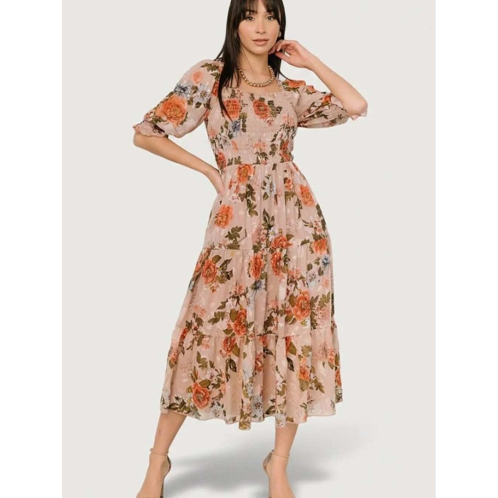 Baltic Born Fabian Jacquard Midi Dress X-Large Dusty Mauve Multi Floral NEW